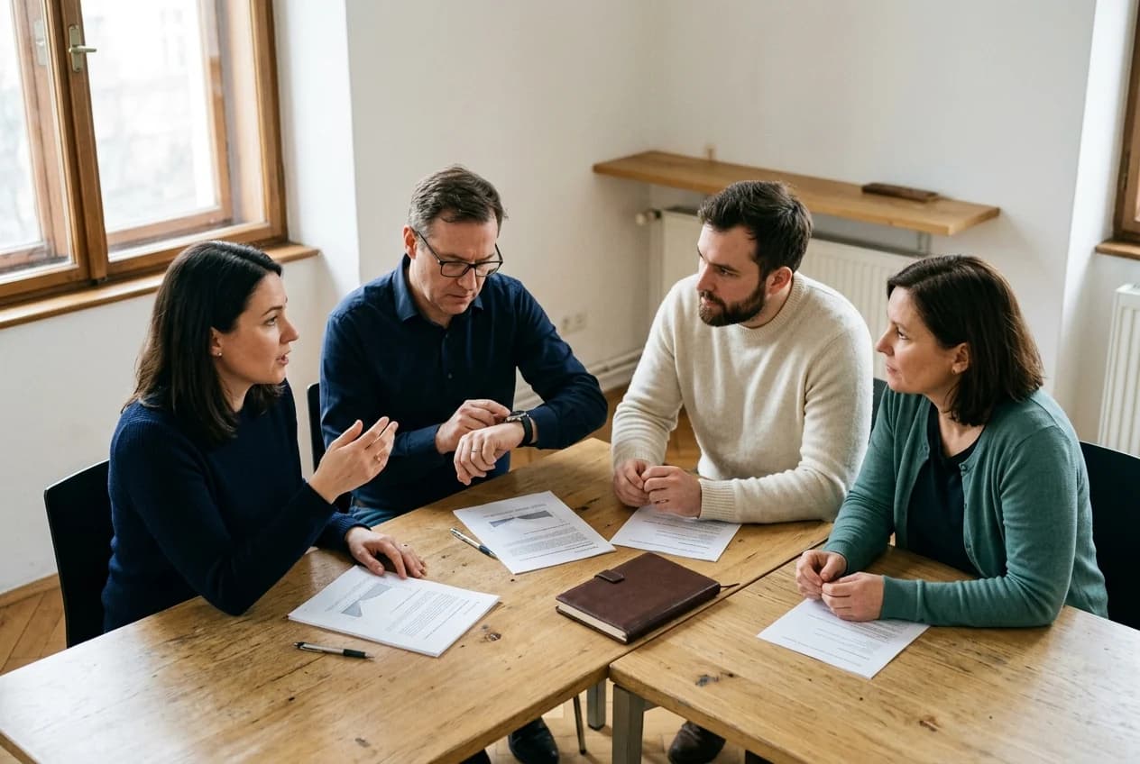 Four professionals around a table mid-task, one timing the exercise on a wristwatch.