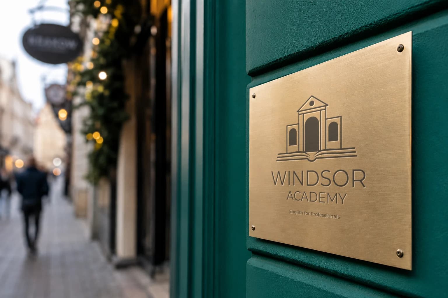 Mosiężna tablica z grawerowanym znakiem Windsor Academy, przy wejściu do krakowskiej kamienicy.